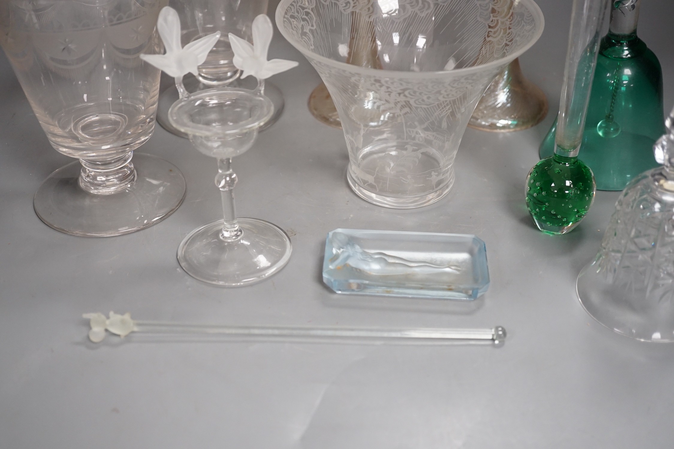Two Venetian lustre glass goblets, a pair of rummers and sundry glassware, goblets 20cm high